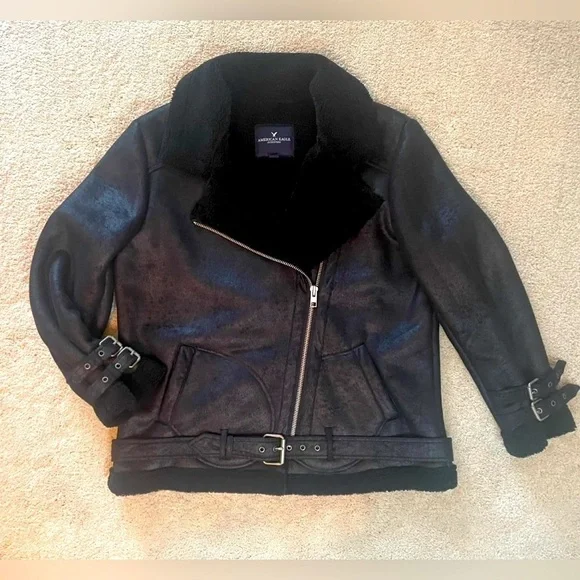 American Eagle Faux Suede Shearling Lined Distressed Moto Jacket, Bl, Sz XL - Picture 2 of 16